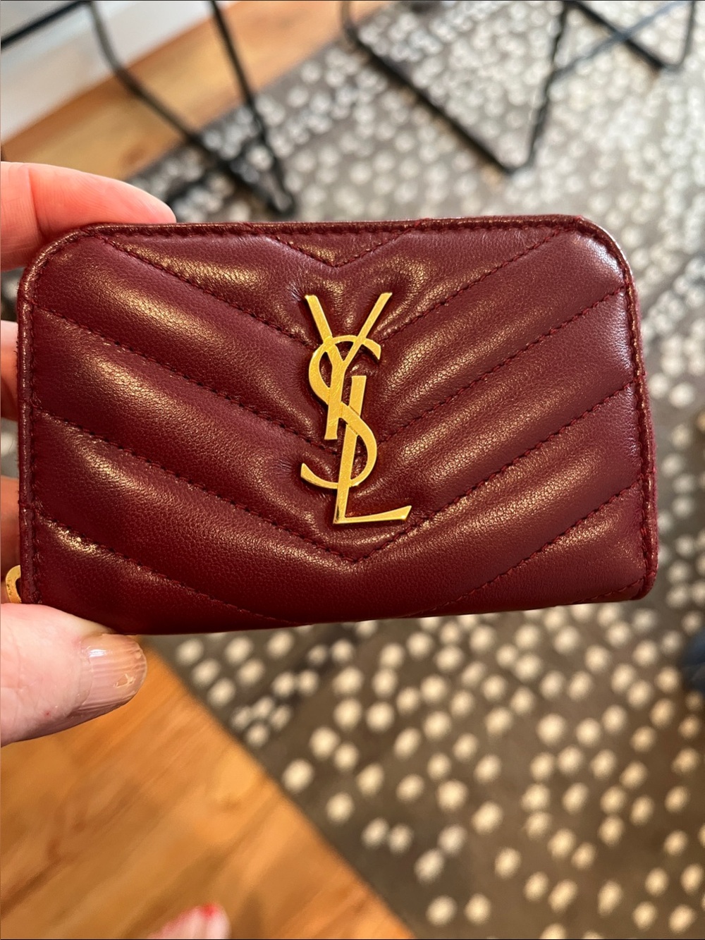 Yves Saint Laurent Quilted Leather Card Wallet - Burgundy with Gold YSL Logo